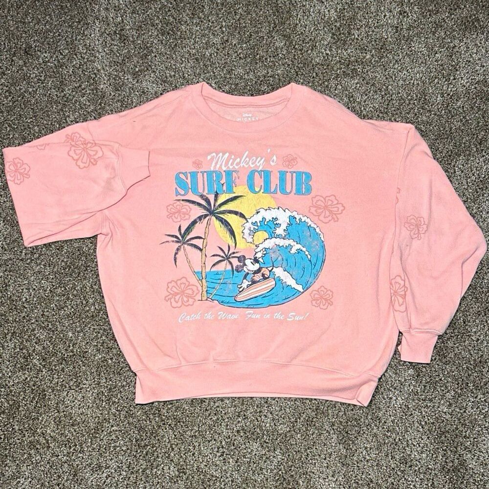 Disney Mickey Mouse Mickey's Surf Club Women's S Pink Fleece Crewneck Pullover